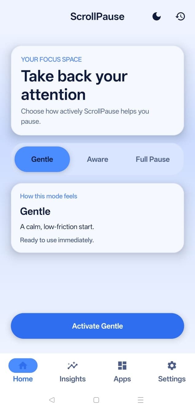 Gentle mode. Timed nudges, nothing more.